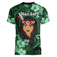 New Zealand Custom Women's Day Women V Neck T Shirt Maori Girl Feathers of Hope - Green LT9 - Polynesian Pride