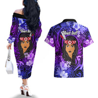 New Zealand Custom Women's Day Couples Matching Off The Shoulder Long Sleeve Dress and Hawaiian Shirt Maori Girl Feathers of Hope - Purple LT9 - Polynesian Pride