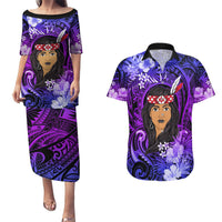 New Zealand Custom Women's Day Couples Matching Puletasi and Hawaiian Shirt Maori Girl Feathers of Hope - Purple LT9 Purple - Polynesian Pride