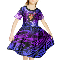 New Zealand Custom Women's Day Kid Short Sleeve Dress Maori Girl Feathers of Hope - Purple LT9 - Polynesian Pride
