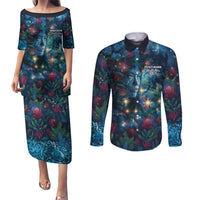New Zealand Matariki Pohutukawa Couples Matching Puletasi and Long Sleeve Button Shirt Te Mauri te Ora LT9 Art - Polynesian Pride