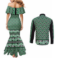 New Zealand Maori Niho Taniwha Couples Matching Mermaid Dress and Long Sleeve Button Shirt Kakariki Mangopare and Puhoro Pattern