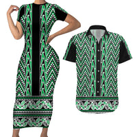 New Zealand Maori Niho Taniwha Couples Matching Short Sleeve Bodycon Dress and Hawaiian Shirt Kakariki Mangopare and Puhoro Pattern
