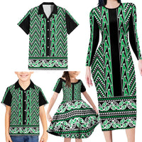 New Zealand Maori Niho Taniwha Family Matching Long Sleeve Bodycon Dress and Hawaiian Shirt Kakariki Mangopare and Puhoro Pattern