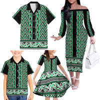 New Zealand Maori Niho Taniwha Family Matching Off The Shoulder Long Sleeve Dress and Hawaiian Shirt Kakariki Mangopare and Puhoro Pattern