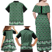 New Zealand Maori Niho Taniwha Family Matching Off Shoulder Maxi Dress and Hawaiian Shirt Kakariki Mangopare and Puhoro Pattern