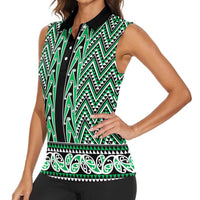New Zealand Maori Niho Taniwha Women Sleeveless Polo Shirt Kakariki Mangopare and Puhoro Pattern