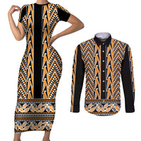 New Zealand Maori Niho Taniwha Couples Matching Short Sleeve Bodycon Dress and Long Sleeve Button Shirt Karaka Mangopare and Puhoro Pattern