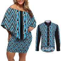 New Zealand Maori Niho Taniwha Couples Matching Off Shoulder Short Dress and Long Sleeve Button Shirt Kikorangi Mangopare and Puhoro Pattern