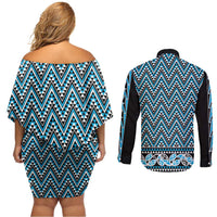 New Zealand Maori Niho Taniwha Couples Matching Off Shoulder Short Dress and Long Sleeve Button Shirt Kikorangi Mangopare and Puhoro Pattern