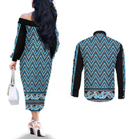 New Zealand Maori Niho Taniwha Couples Matching Off The Shoulder Long Sleeve Dress and Long Sleeve Button Shirt Kikorangi Mangopare and Puhoro Pattern