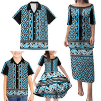 New Zealand Maori Niho Taniwha Family Matching Puletasi and Hawaiian Shirt Kikorangi Mangopare and Puhoro Pattern