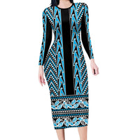 New Zealand Maori Niho Taniwha Long Sleeve Bodycon Dress Kikorangi Mangopare and Puhoro Pattern