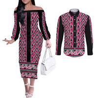 New Zealand Maori Niho Taniwha Couples Matching Off The Shoulder Long Sleeve Dress and Long Sleeve Button Shirt Mawhero Mangopare and Puhoro Pattern