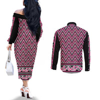 New Zealand Maori Niho Taniwha Couples Matching Off The Shoulder Long Sleeve Dress and Long Sleeve Button Shirt Mawhero Mangopare and Puhoro Pattern