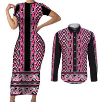 New Zealand Maori Niho Taniwha Couples Matching Short Sleeve Bodycon Dress and Long Sleeve Button Shirt Mawhero Mangopare and Puhoro Pattern