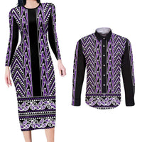 New Zealand Maori Niho Taniwha Couples Matching Long Sleeve Bodycon Dress and Long Sleeve Button Shirt Waiporopo Mangopare and Puhoro Pattern
