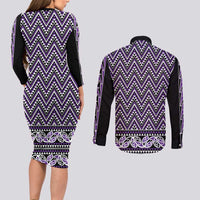 New Zealand Maori Niho Taniwha Couples Matching Long Sleeve Bodycon Dress and Long Sleeve Button Shirt Waiporopo Mangopare and Puhoro Pattern