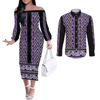 New Zealand Maori Niho Taniwha Couples Matching Off The Shoulder Long Sleeve Dress and Long Sleeve Button Shirt Waiporopo Mangopare and Puhoro Pattern
