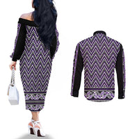 New Zealand Maori Niho Taniwha Couples Matching Off The Shoulder Long Sleeve Dress and Long Sleeve Button Shirt Waiporopo Mangopare and Puhoro Pattern