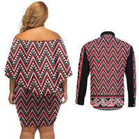 New Zealand Maori Niho Taniwha Couples Matching Off Shoulder Short Dress and Long Sleeve Button Shirt Whero Mangopare and Puhoro Pattern