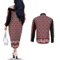 New Zealand Maori Niho Taniwha Couples Matching Off The Shoulder Long Sleeve Dress and Long Sleeve Button Shirt Whero Mangopare and Puhoro Pattern