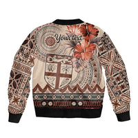 Vintage Bula Fiji Personalised Bomber Jacket Beige Hibiscus Tapa Pattern