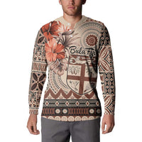 Vintage Bula Fiji Personalised Button Sweatshirt Beige Hibiscus Tapa Pattern