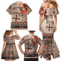 Vintage Bula Fiji Personalised Family Matching Mermaid Dress and Hawaiian Shirt Beige Hibiscus Tapa Pattern