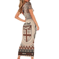 Vintage Bula Fiji Personalised Family Matching Short Sleeve Bodycon Dress and Hawaiian Shirt Beige Hibiscus Tapa Pattern