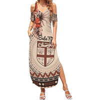 Vintage Bula Fiji Personalised Family Matching Summer Maxi Dress and Hawaiian Shirt Beige Hibiscus Tapa Pattern