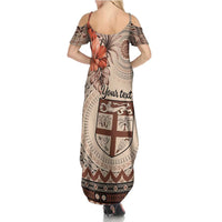 Vintage Bula Fiji Personalised Family Matching Summer Maxi Dress and Hawaiian Shirt Beige Hibiscus Tapa Pattern