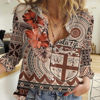 Vintage Bula Fiji Personalised Women Casual Shirt Beige Hibiscus Tapa Pattern