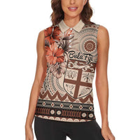 Vintage Bula Fiji Personalised Women Sleeveless Polo Shirt Beige Hibiscus Tapa Pattern