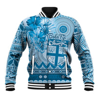 Vintage Bula Fiji Personalised Baseball Jacket Blue Hibiscus Tapa Pattern