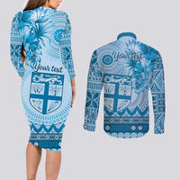 Vintage Bula Fiji Personalised Couples Matching Long Sleeve Bodycon Dress and Long Sleeve Button Shirt Blue Hibiscus Tapa Pattern