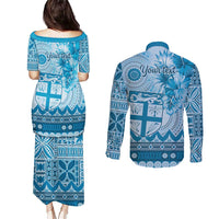 Vintage Bula Fiji Personalised Couples Matching Puletasi and Long Sleeve Button Shirt Blue Hibiscus Tapa Pattern