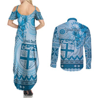 Vintage Bula Fiji Personalised Couples Matching Summer Maxi Dress and Long Sleeve Button Shirt Blue Hibiscus Tapa Pattern