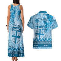 Vintage Bula Fiji Personalised Couples Matching Tank Maxi Dress and Hawaiian Shirt Blue Hibiscus Tapa Pattern