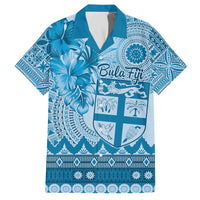 Vintage Bula Fiji Personalised Family Matching Off The Shoulder Long Sleeve Dress and Hawaiian Shirt Blue Hibiscus Tapa Pattern