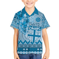 Vintage Bula Fiji Personalised Family Matching Off Shoulder Maxi Dress and Hawaiian Shirt Blue Hibiscus Tapa Pattern