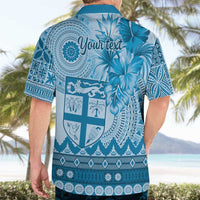 Vintage Bula Fiji Personalised Hawaiian Shirt Blue Hibiscus Tapa Pattern