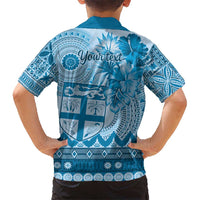 Vintage Bula Fiji Personalised Kid Hawaiian Shirt Blue Hibiscus Tapa Pattern