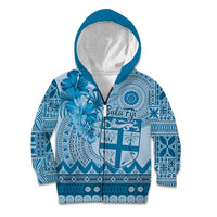 Vintage Bula Fiji Personalised Kid Hoodie Blue Hibiscus Tapa Pattern