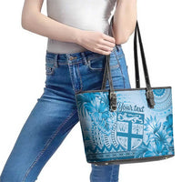 Vintage Bula Fiji Personalised Leather Tote Bag Blue Hibiscus Tapa Pattern LT9