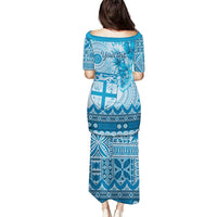 Vintage Bula Fiji Personalised Puletasi Blue Hibiscus Tapa Pattern