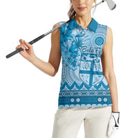Vintage Bula Fiji Personalised Women Sleeveless Polo Shirt Blue Hibiscus Tapa Pattern