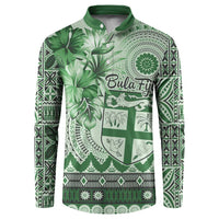 Vintage Bula Fiji Personalised Button Sweatshirt Green Hibiscus Tapa Pattern