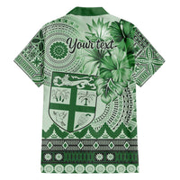 Vintage Bula Fiji Personalised Family Matching Short Sleeve Bodycon Dress and Hawaiian Shirt Green Hibiscus Tapa Pattern
