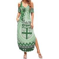 Vintage Bula Fiji Personalised Family Matching Summer Maxi Dress and Hawaiian Shirt Green Hibiscus Tapa Pattern